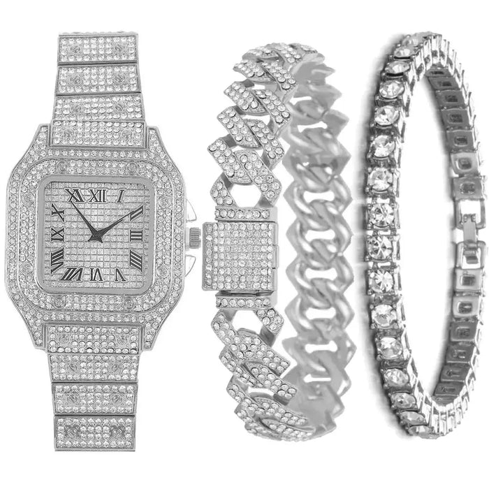3 pieces set of Diamond Watch With Bracelet Iced Out Golden Wrist Watches Luxury Brand 💎