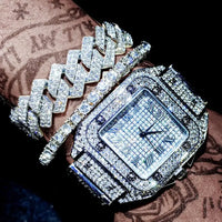 3 pieces set of Diamond Watch With Bracelet Iced Out Golden Wrist Watches Luxury Brand 💎