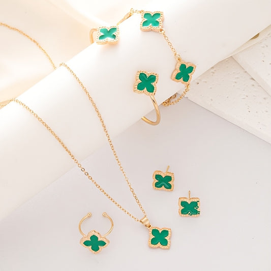 6pcs Clover Earrings, Necklace, Bracelet & Ring Jewelry Set✨