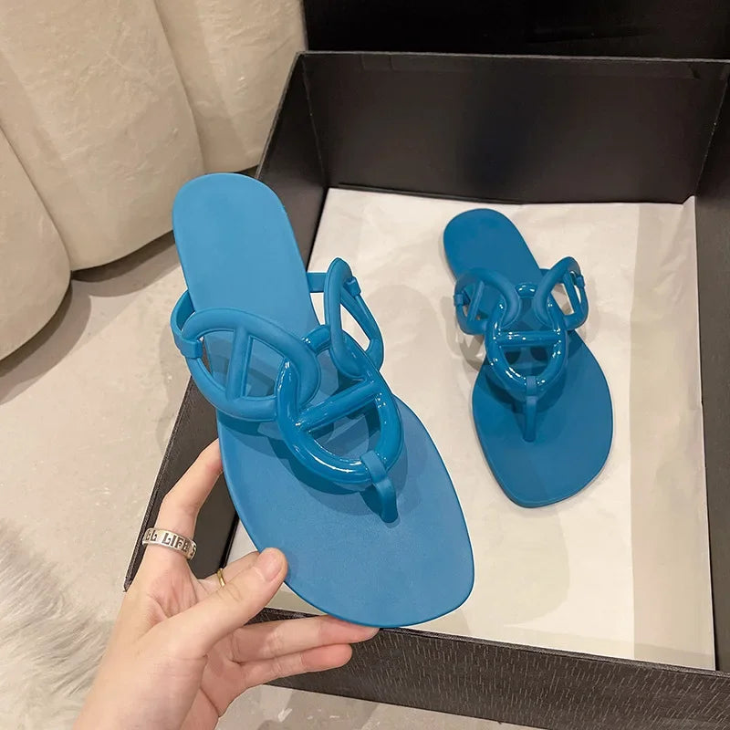 New Pig Nose Flip Flops for Women'S Summer Flat Bottomed Casual H Brand Chain Cool Slippers