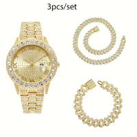 3pcs/set 15mm Necklace+Bracelet+Watch Cuban Chain Watch Iced Out Paved Rhinestone Jewelry