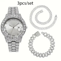 3pcs/set 15mm Necklace+Bracelet+Watch Cuban Chain Watch Iced Out Paved Rhinestone Jewelry