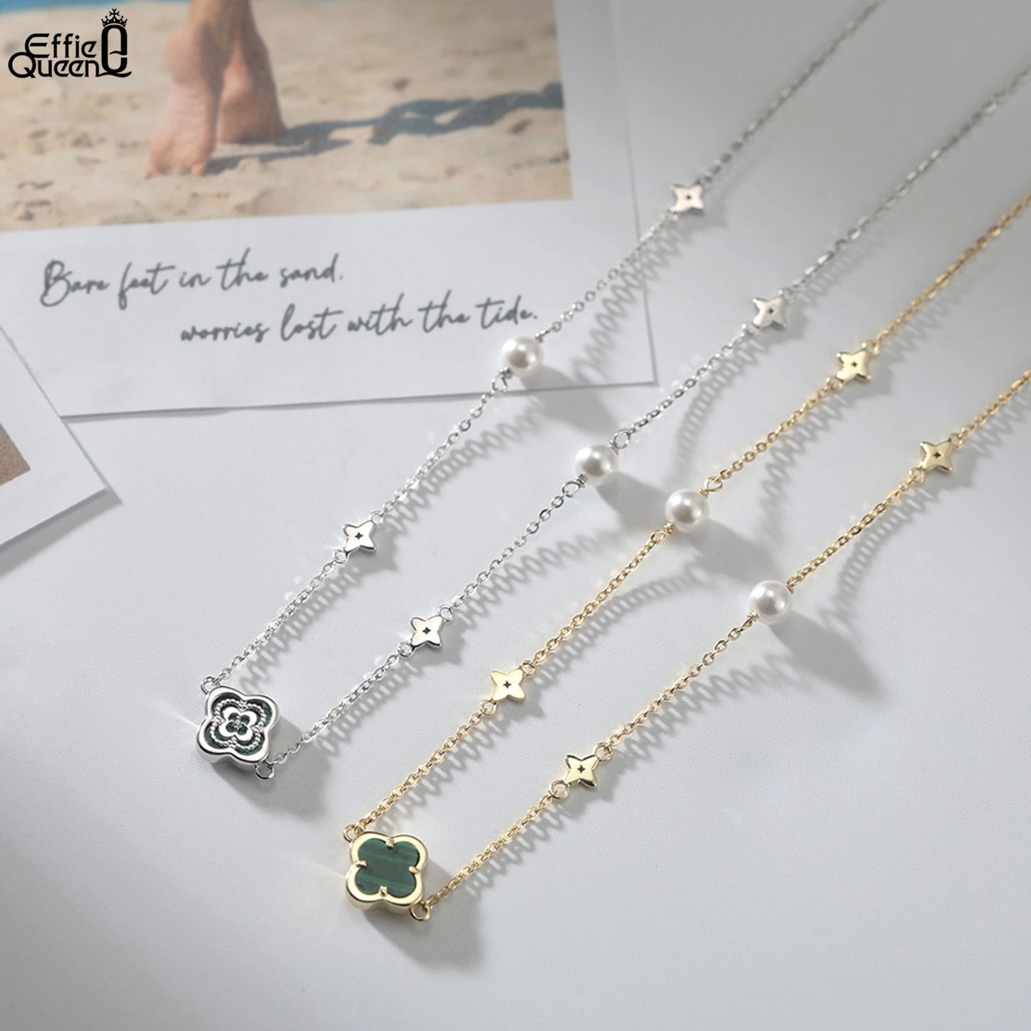 925 Sterling Silver 14K Gold Shell Pearl Choker Necklace with Green Malachite Ornament Four Leaf Clover Style GMN62