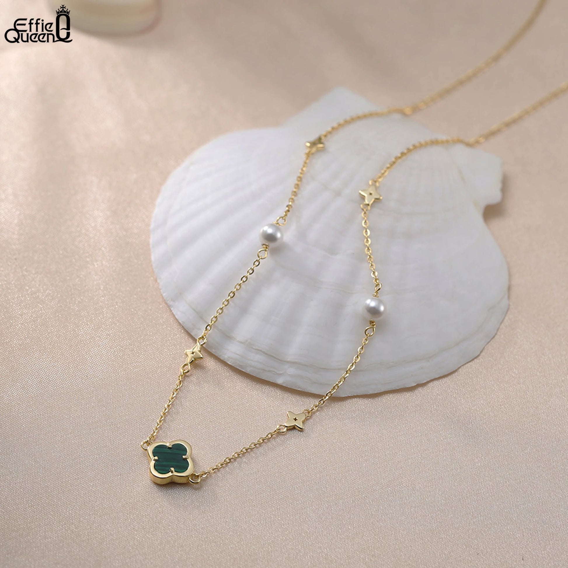 925 Sterling Silver 14K Gold Shell Pearl Choker Necklace with Green Malachite Ornament Four Leaf Clover Style GMN62