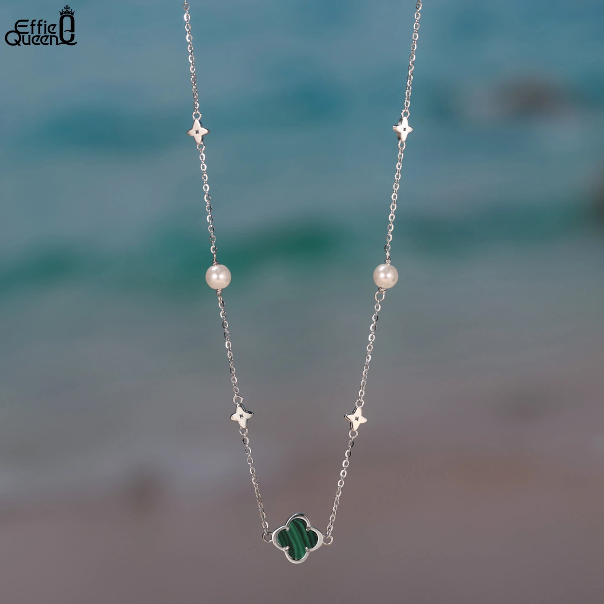 925 Sterling Silver 14K Gold Shell Pearl Choker Necklace with Green Malachite Ornament Four Leaf Clover Style GMN62