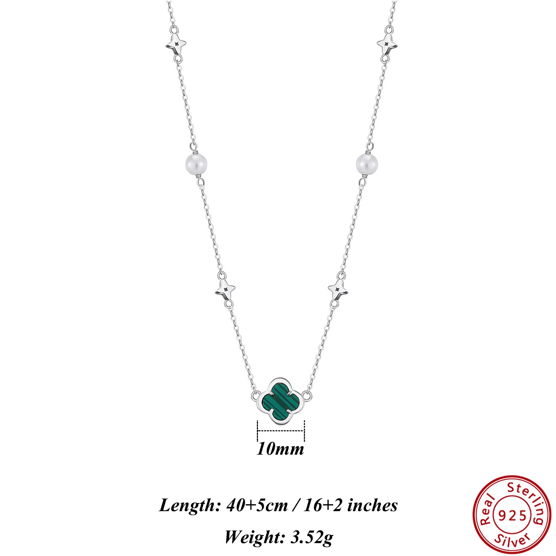 925 Sterling Silver 14K Gold Shell Pearl Choker Necklace with Green Malachite Ornament Four Leaf Clover Style GMN62