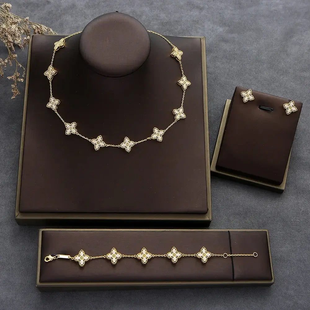 4pcs Luxury Flower Statement Necklace earring ring BraceletJewelry Set 💎