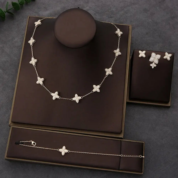 4pcs Luxury Flower Statement Necklace earring ring BraceletJewelry Set 💎