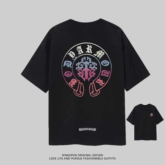 Trendy Brand New Summer Horseshoe Sanskrit Crew Neck Printed T-Shirt Men'S and Women'S Loose Casual Versatile Trendy Top