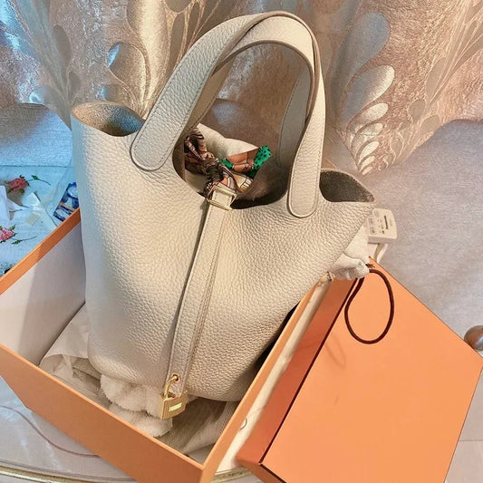 New 2025 Lychee Pattern Bucket Bag Soft PU Women'S Handbag Fashion Market Basket Mother and Baby Bag Trend Large Capacity