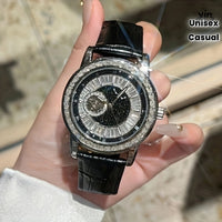 Luxury Leather & Crystal Accents Strap Watch Mechanical Movement  ⏱️