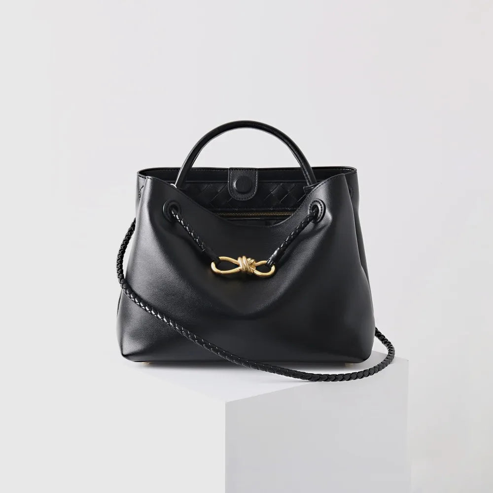 2025 New Full Leather Fashion Metal Rope Buckle Handbag High Quality Cowhide Leather Portable Shoulder Bag Woven Versatile