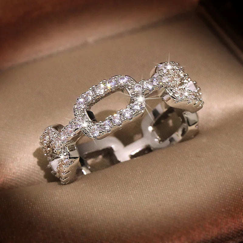 925 New Silver Color Chain Ring with Bling Zircon Stone Rings for Women 💍