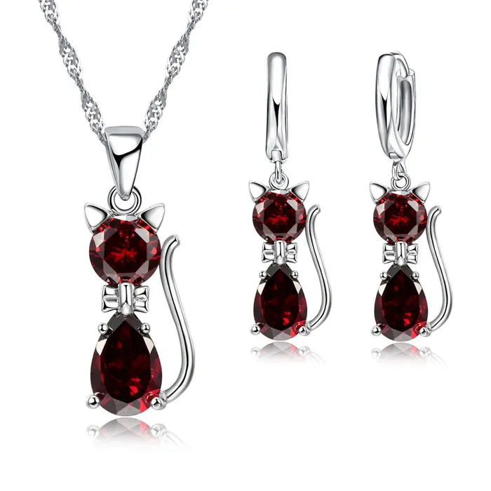 925 Silver  Cute Cat Shaped Necklace Hoop Earring Set 💎