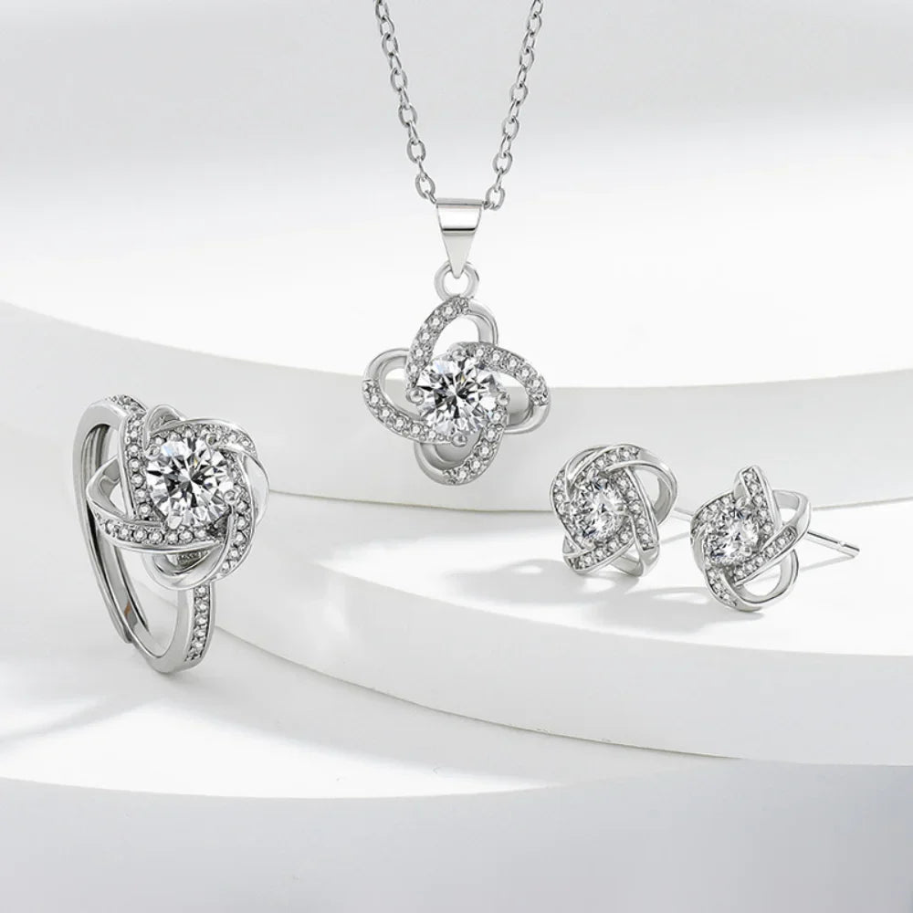 925 Sterling Silver Four-Leaf Clover Jewelry Set - Necklace Ring Earrings 💎