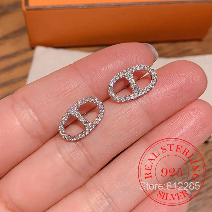 925 Sterling Silver Jewelry Crystal Pig Nose Stud Earrings for Women Girls Party Jewelry For Girls Friend Gift