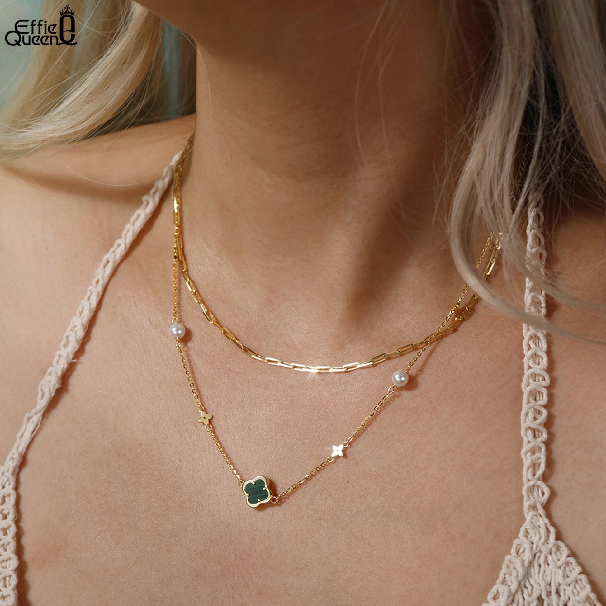 925 Sterling Silver 14K Gold Shell Pearl Choker Necklace with Green Malachite Ornament Four Leaf Clover Style GMN62