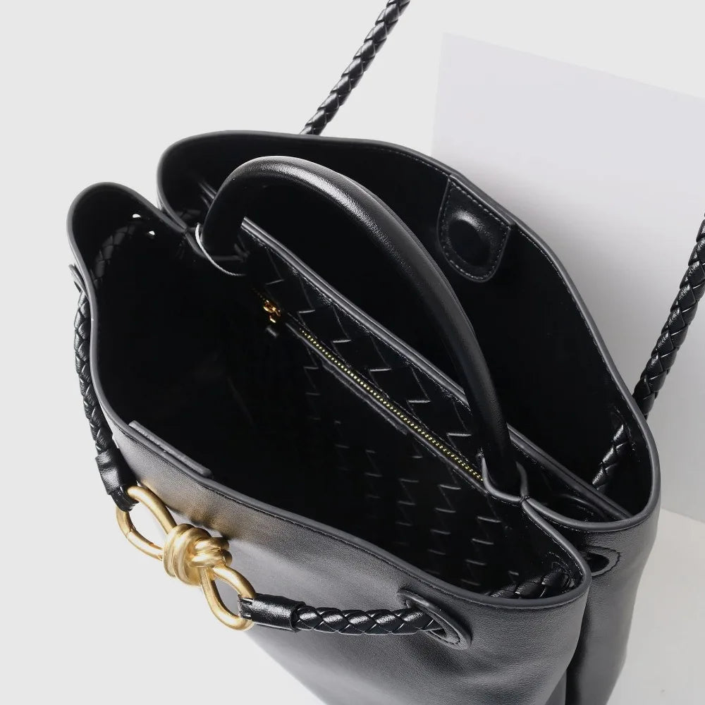 2025 New Full Leather Fashion Metal Rope Buckle Handbag High Quality Cowhide Leather Portable Shoulder Bag Woven Versatile