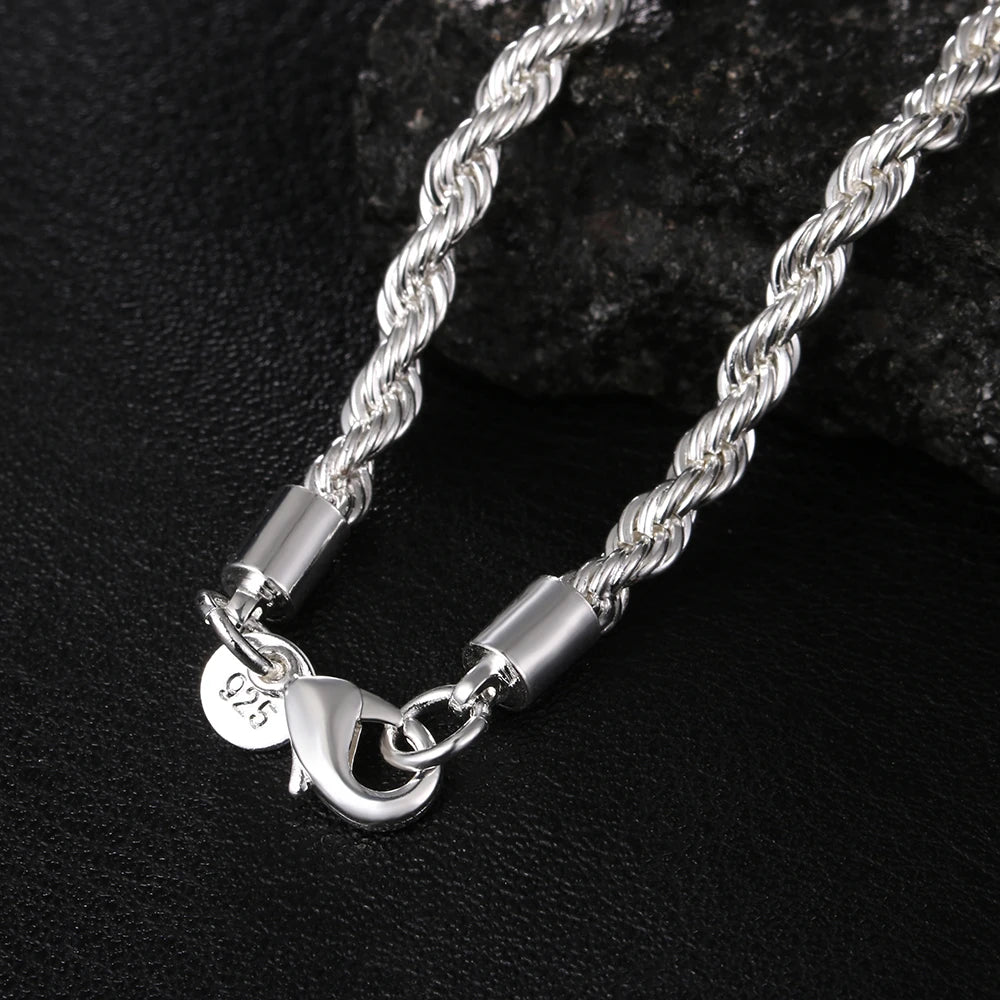 High quality 925 Sterling Silver 4MM Women Men chain Male Twisted Rope Necklace ✨