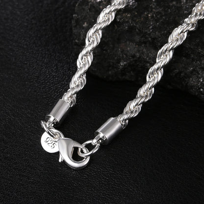 High quality 925 Sterling Silver 4MM Women Men chain Male Twisted Rope Necklace ✨
