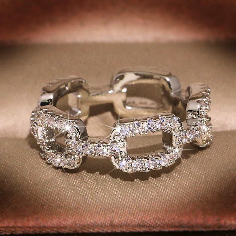 925 New Silver Color Chain Ring with Bling Zircon Stone Rings for Women 💍