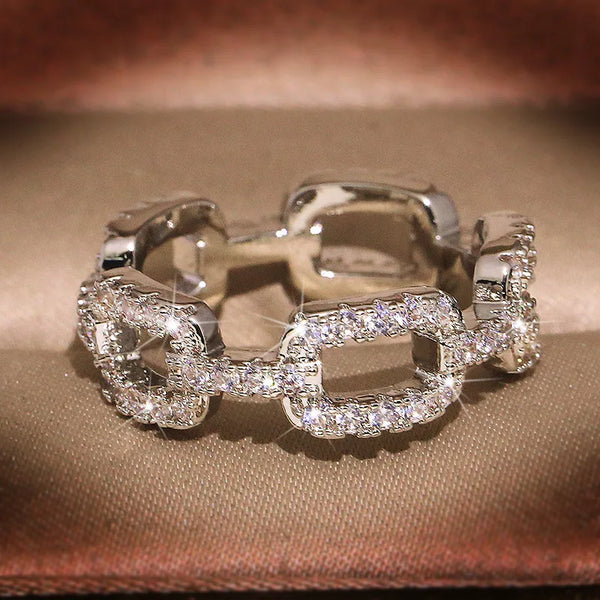 925 New Silver Color Chain Ring with Bling Zircon Stone Rings for Women 💍