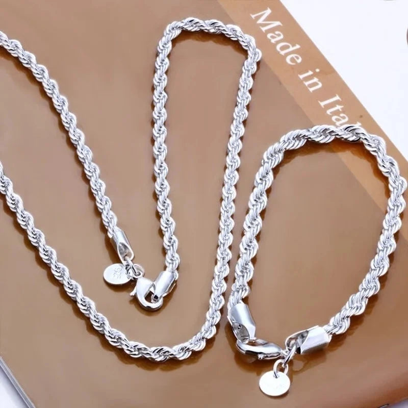 High quality 925 Sterling Silver 4MM Women Men chain Male Twisted Rope Necklace ✨