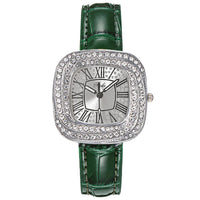 Luxury Square Ladies Full Star Diamonds Quartz Watch Casual Green Leather 💎