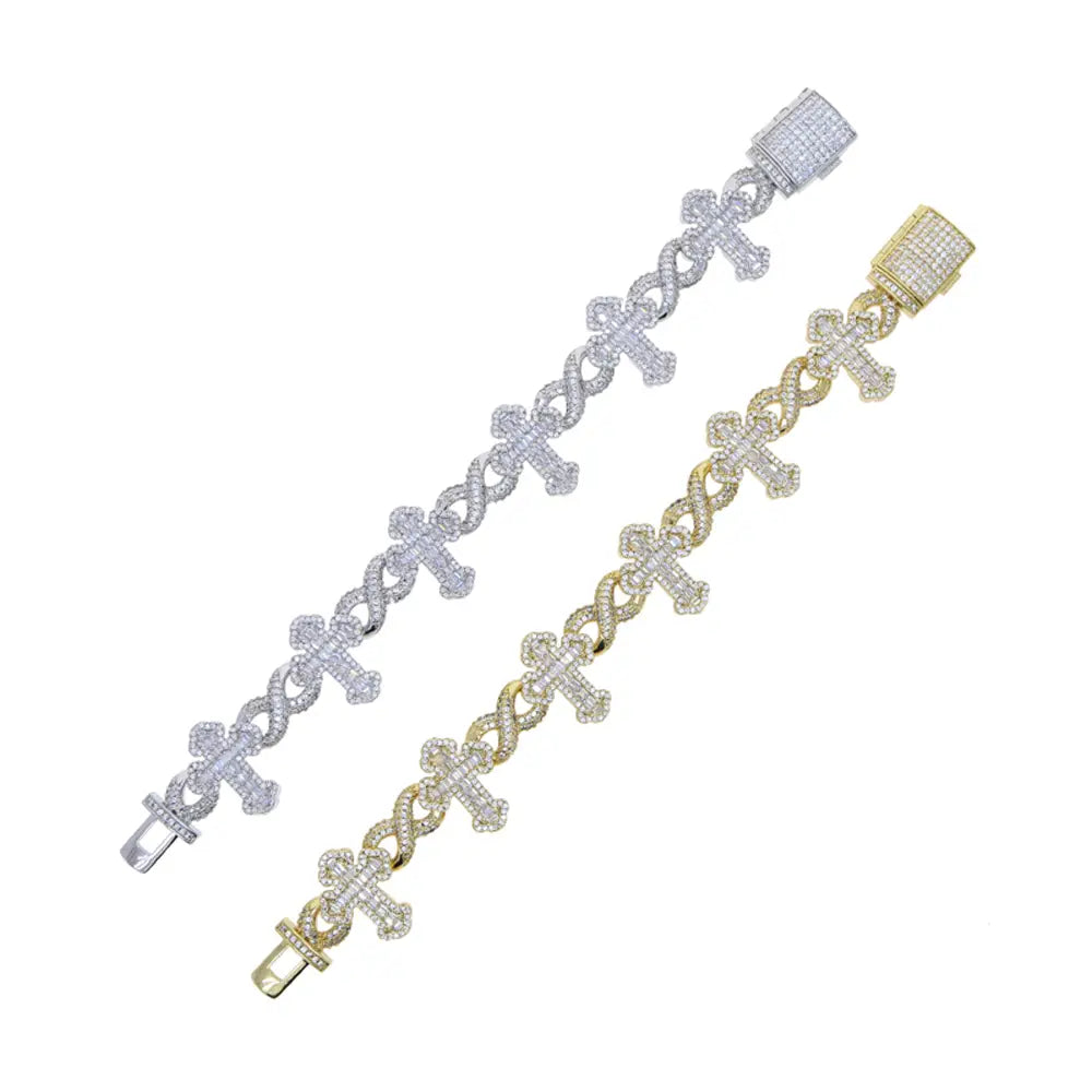 Iced Out Cross Infinity Charm Bracelet Micro Paved Cubic Zirconia Cuban Chain✨