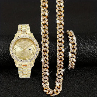 3pcs/set 15mm Necklace+Bracelet+Watch Cuban Chain Watch Iced Out Paved Rhinestone Jewelry