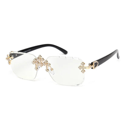 2025 Fashion Square Rimless Sunglasses for Women Cross Diamond Metal Frame Luxury Eyewear Cut Lens UV400 Shades Sun Glasses