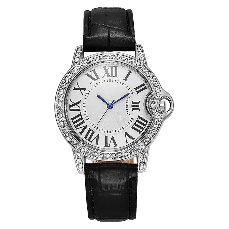 Luxury Women's Leather Strap Watch with Diamond Inlay, Water Diamond Wine Barrel ⌚️
