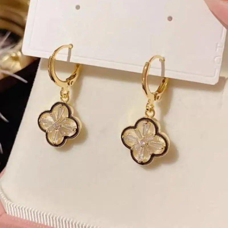 Cute Elegant Gold-Plated Copper Zircon Four-Leaf Clover Dangle Earrings ✨