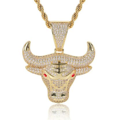 Bull Head Pendant Necklace For Men Hiphop Iced Out Bling Micro ✨