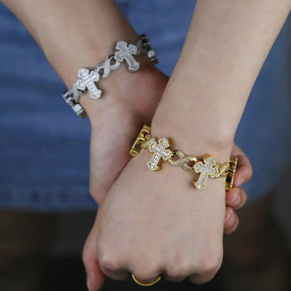 Iced Out Cross Infinity Charm Bracelet Micro Paved Cubic Zirconia Cuban Chain✨