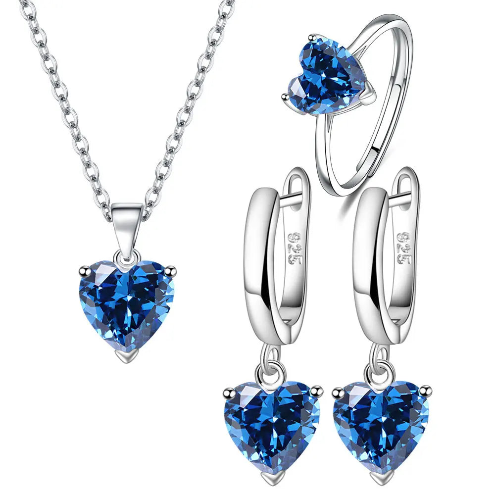 925 Sterling Silver Jewelry Sets For Women Heart Zircon Ring Earrings Necklace ✨