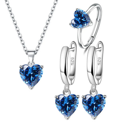 925 Sterling Silver Jewelry Sets For Women Heart Zircon Ring Earrings Necklace ✨