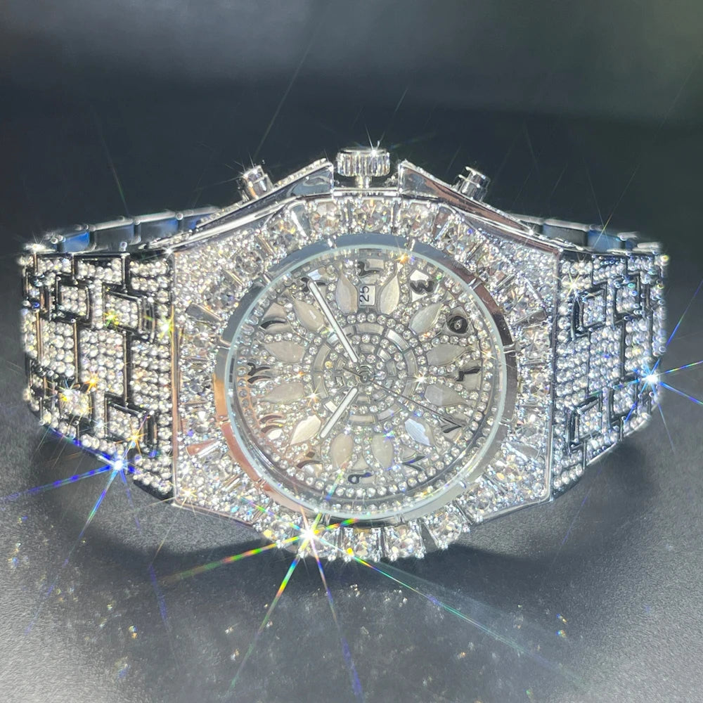 Hip Hop Green Diamond Watches For Men Date Quartz Clock Dress Square ⏱️