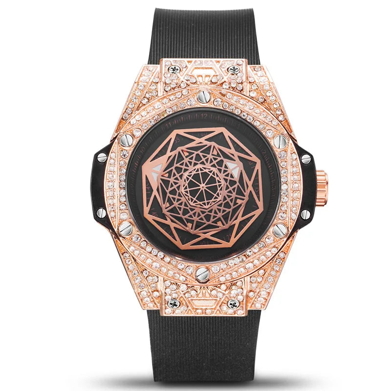 Men's Watch with Embedded Diamonds Waterproof Silicone Strap Night Light Sport