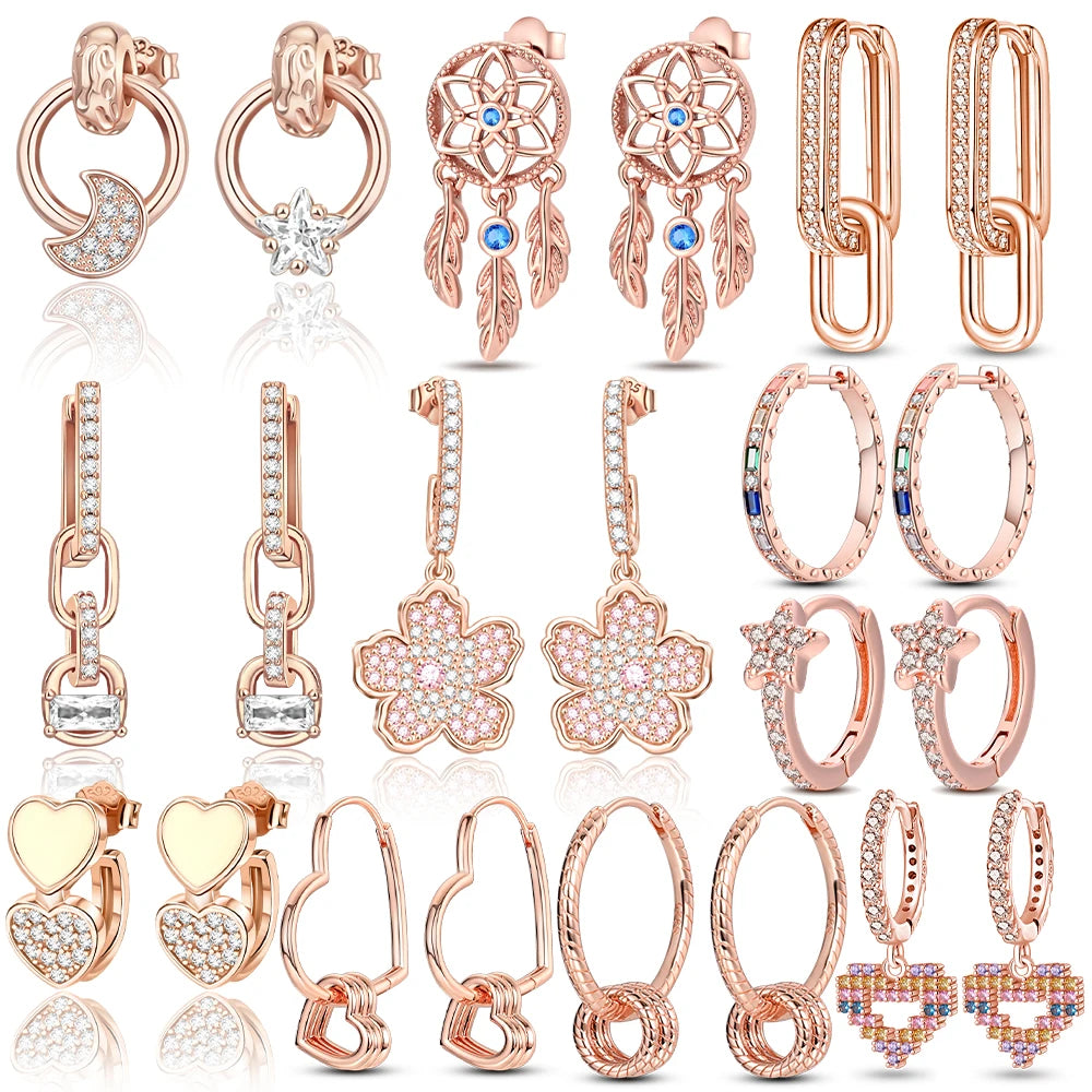 Original 925 Silver Rose Gold Flower Heart Square Loop Earrings Jewelry ✨