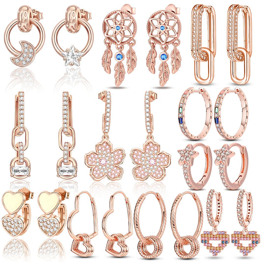 Original 925 Silver Rose Gold Flower Heart Square Loop Earrings Jewelry ✨