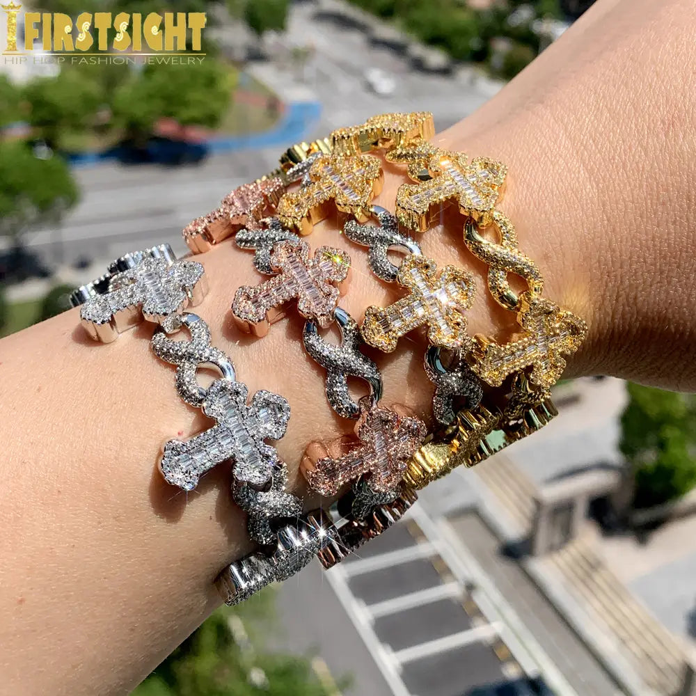 Iced Out Cross Infinity Charm Bracelet Micro Paved Cubic Zirconia Cuban Chain✨