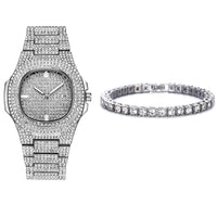 Luxury Iced Out Watches Bracelet Set Gold Silver Color Full Rhinestone 💎
