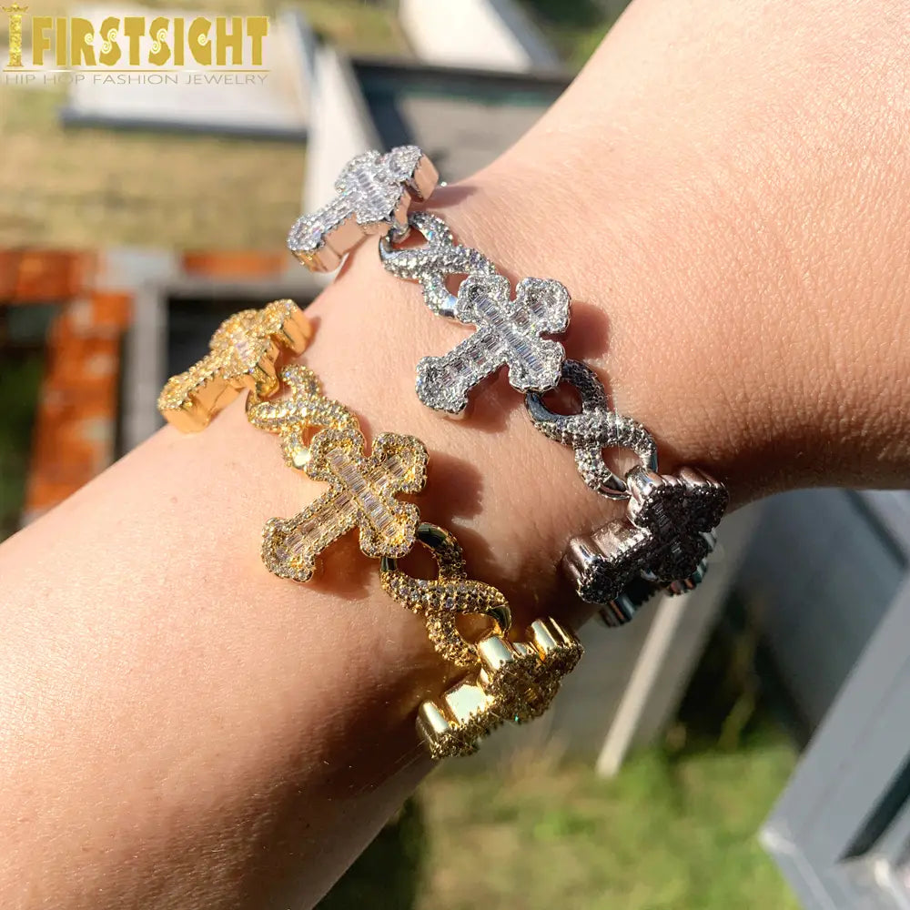 Iced Out Cross Infinity Charm Bracelet Micro Paved Cubic Zirconia Cuban Chain✨