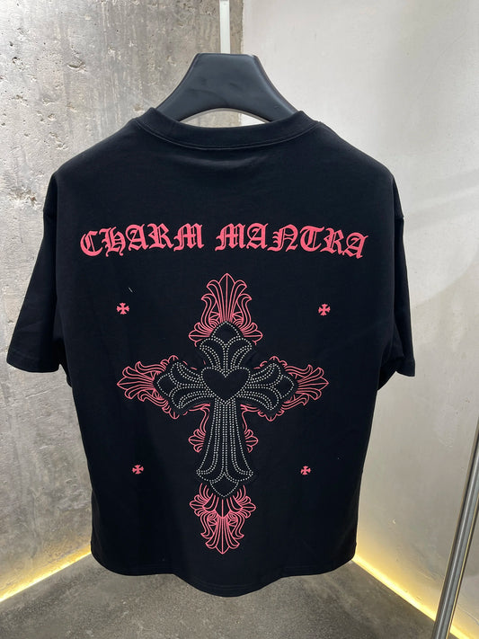 2025 New Design Trendy Brand Sanskrit Cross Printing Short-Sleeved Men'S and Women'S Casual Loose T-Shirt Street Trend Top