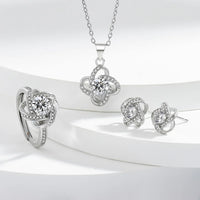 925 Sterling Silver Four-Leaf Clover Jewelry Set - Necklace Ring Earrings 💎