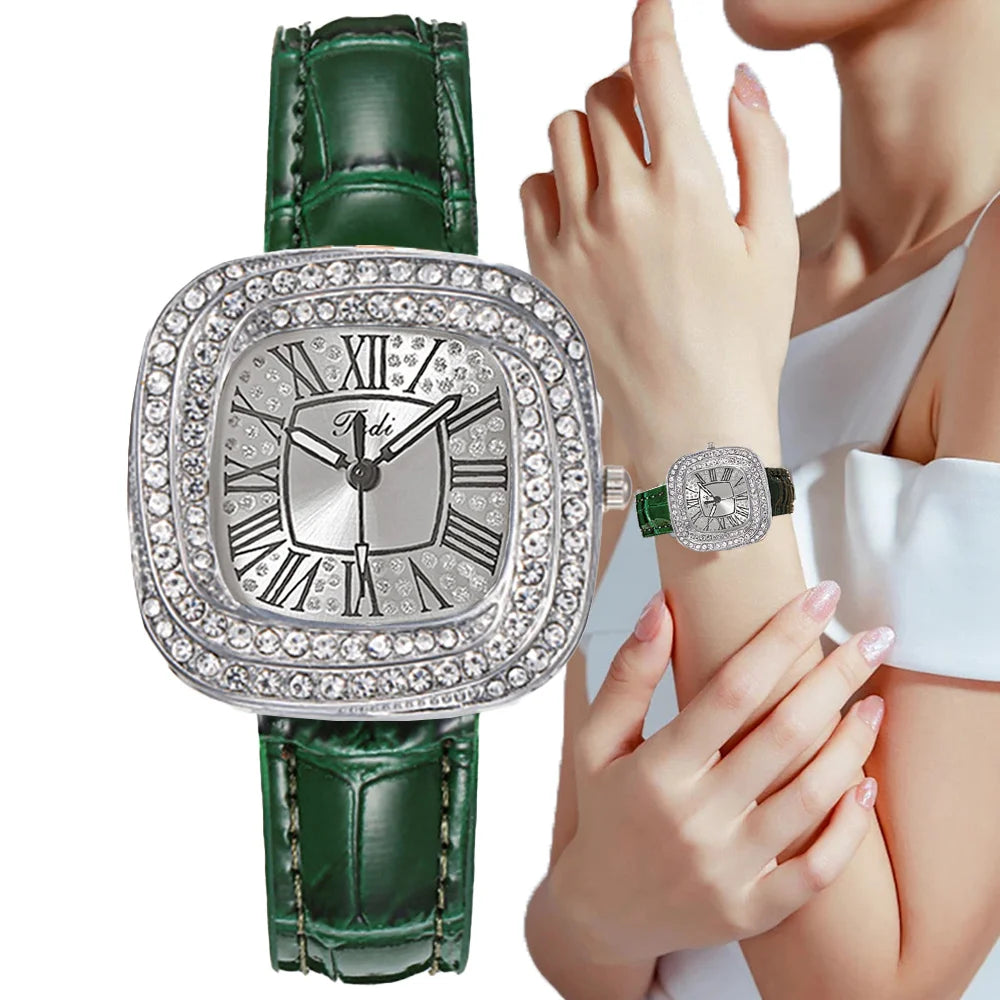 Luxury Square Ladies Full Star Diamonds Quartz Watch Casual Green Leather 💎