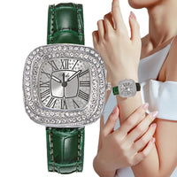 Luxury Square Ladies Full Star Diamonds Quartz Watch Casual Green Leather 💎