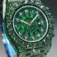 Hip Hop Green Diamond Watches For Men Date Quartz Clock Dress Square ⏱️