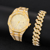 Diamond Watch 2 pieces set of With Bracelet Iced Out Golden Wrist Watches Luxury Brand 💎